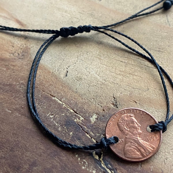 lucky penny bracelet wax cord bracelet good luck bracelet lucky charm penny from heaven remembrance birth year to remember someone