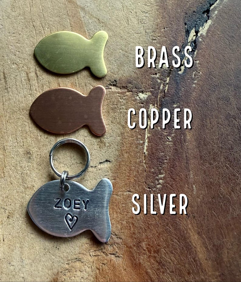 May include: Three fish-shaped metal tags in brass, copper, and silver. The silver tag has the name "ZOEY" engraved on it with a heart.