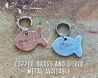 Fish-Shaped Cat ID Tag: Personalized Pet Name Tag, Aluminum, Brass, or Copper