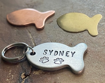 Fish Cat ID Tag: Personalized Pet Name Tag, Silver Brass Copper