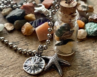 Mini jar necklace boho crystal necklace vial necklace gemstone pendant starfish necklace good vibes necklace tiny bottle necklace positivity