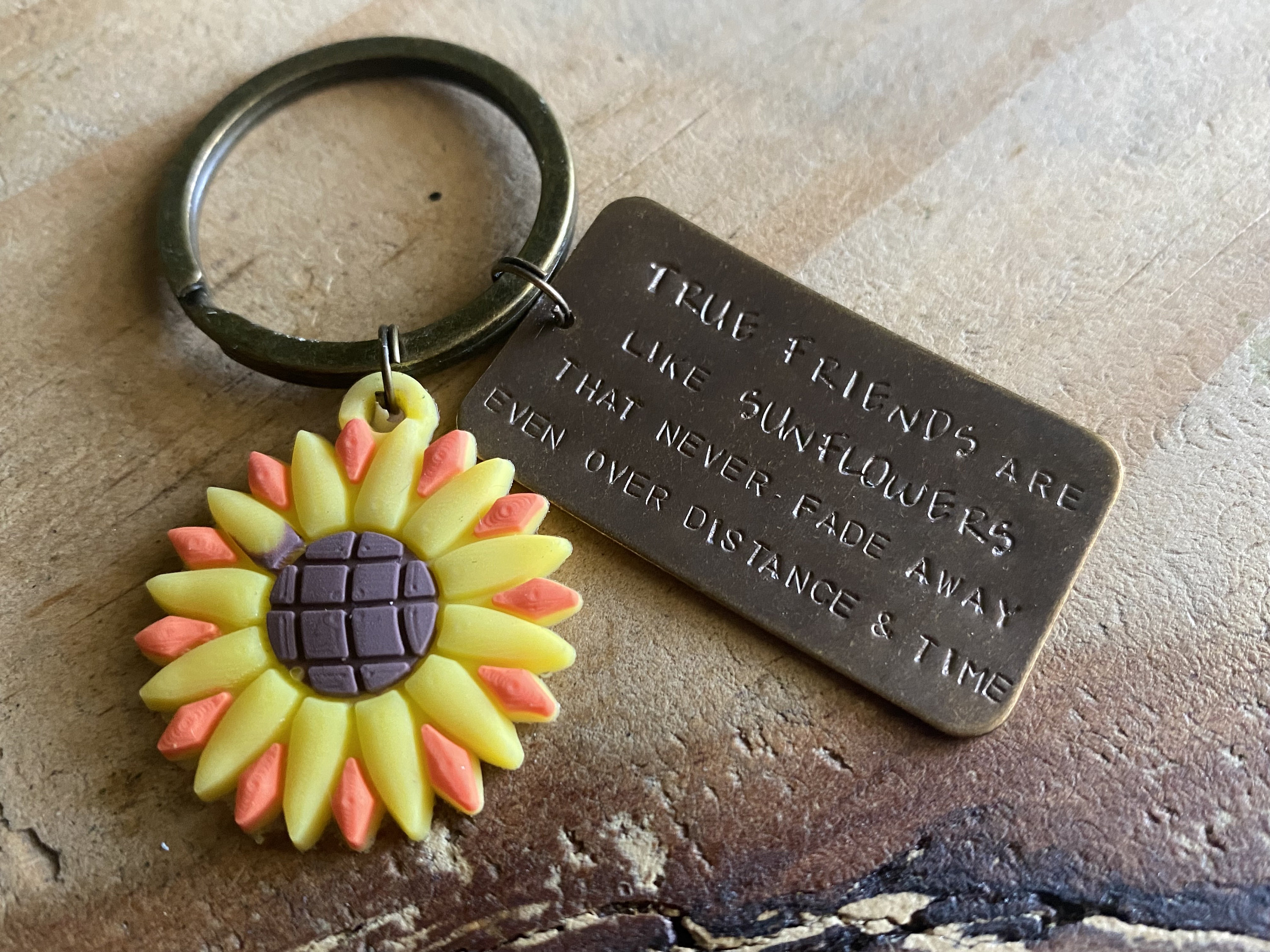Sunflower Friend Keychain, Hand Stamped Brass Tag, True Friends Quote
