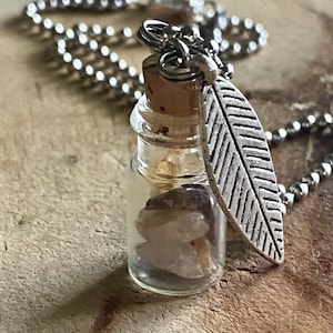 Mini jar necklace boho crystal necklace vial necklace gemstone pendant feather necklace good vibes necklace tiny bottle necklace positivity