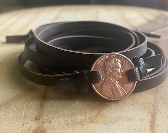 Custom Birth Year Penny Bracelet: Leather Wrap, Good Luck Charm