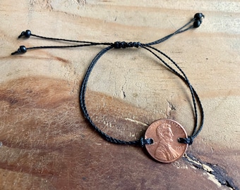 penny bracelet custom wax cord bracelet birth year unique birthday gifts penny jewelry adjustable bracelet stackable bracelets minimalist