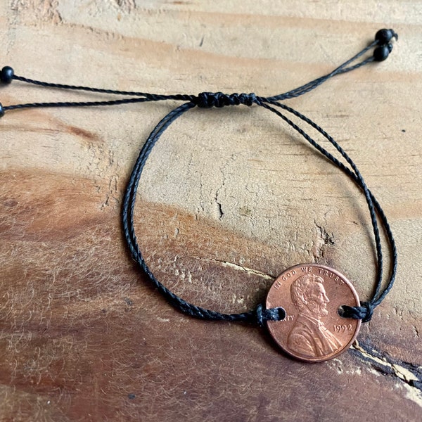 penny bracelet custom wax cord bracelet birth year unique birthday gifts penny jewelry adjustable bracelet stackable bracelets minimalist