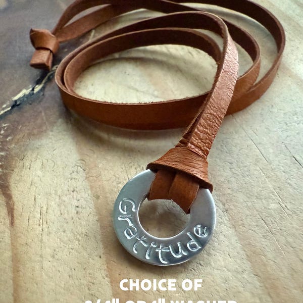 Custom Stamped Aluminum Washer Necklace: Inspirational Word, Leather Cord