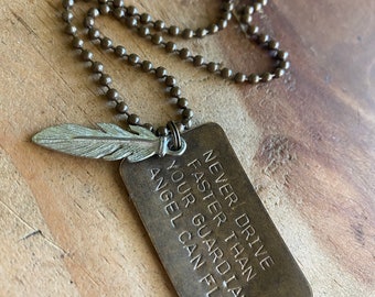 Guardian Angel Car Charm: Stamped Brass Tag, Feather Wing