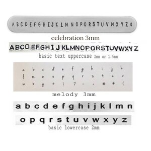 May include: A close-up of a metal stamp set with different font styles and sizes. The set includes uppercase and lowercase letters, numbers, and punctuation marks. The stamp set is labeled "celebration 3mm", "basic text uppercase 2mm or 1.5mm", "melody 3mm", and "basic lowercase 2mm".