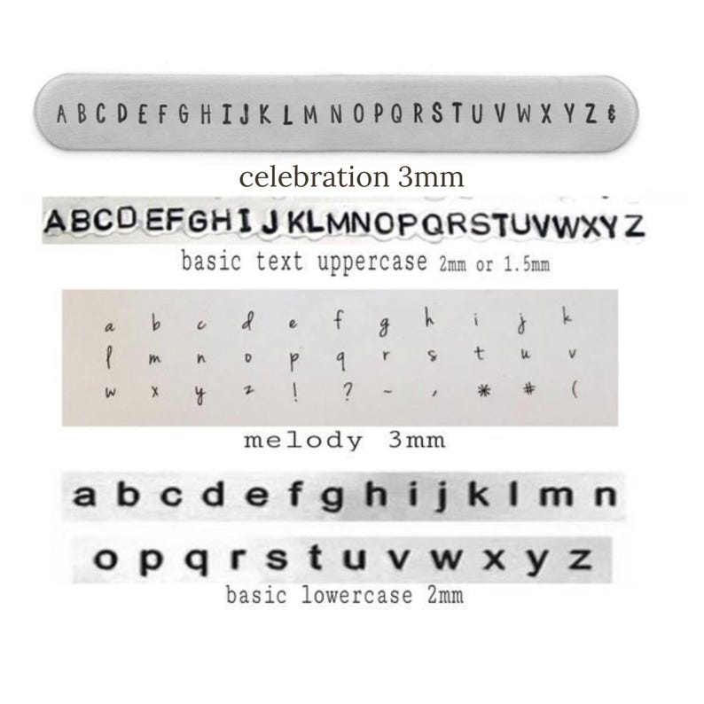 May include: A close-up of a metal stamp set with different font styles and sizes. The set includes uppercase and lowercase letters, numbers, and punctuation marks. The stamp set is labeled "celebration 3mm", "basic text uppercase 2mm or 1.5mm", "melody 3mm", and "basic lowercase 2mm".