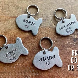 May include: Four silver fish-shaped pet ID tags with key rings. The tags are engraved with the names "Benji", "Baby Kitten", "Picasso", and "Willow".