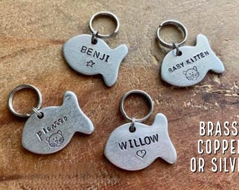 Fish Cat ID Tag: Personalized Pet Name Tag, Aluminum, Brass, Copper