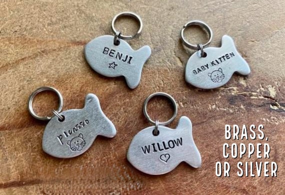 Fish Cat ID Tag: Personalized Pet Name Tag, Aluminum, Brass, Copper