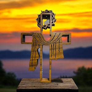 Handmade Scroll Saw Cross: Crown of Thorns, Shroud - Wood Decor