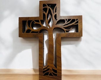 Handmade Tree of Life Cross: Walnut or Cherry Wood, Wall or Table Decor