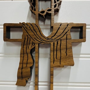 Empty Cross, Crown of Thorns, scroll saw cross with the Crown of Thorns and shroud, for display at Easter or year round.