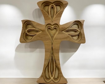 Multi-Layer Heart Cross Wall Hanging: A Handmade Scroll Saw Cross for Home Decor or Gift-Giving