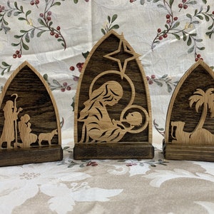 3 Piece Nativity Set. A great handmade gift or for display in your home at Christmas or all year. Self-standing for shelf or table display.