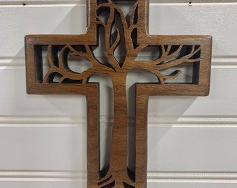 Tree of Life Cross made from solid walnut or cherry