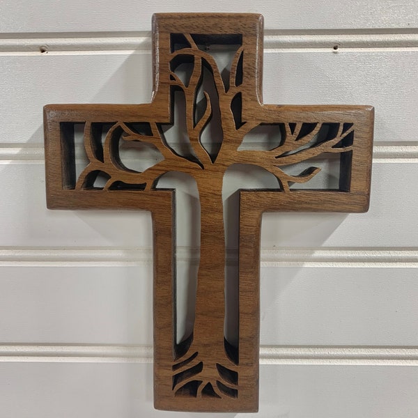 Tree of Life Cross made from solid walnut or cherry