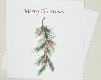 May include: A white Christmas card with the text "Merry Christmas" in a burgundy script. The card features a detailed illustration of a pine branch with pinecones and red berries. The card is square and comes with a white envelope.