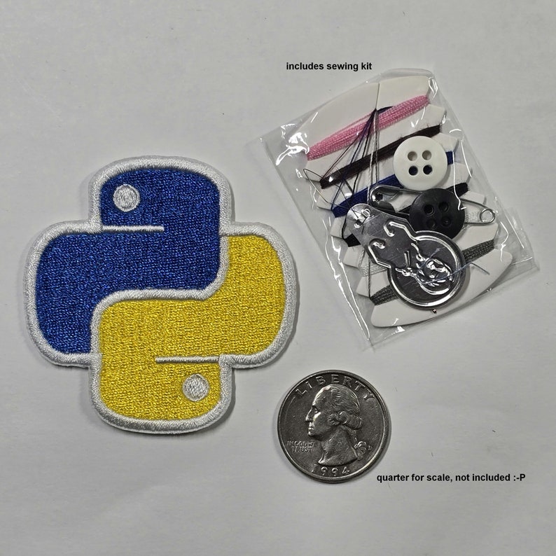 May include: A yellow and blue Python logo iron-on patch with white stitching. The patch is next to a US quarter for scale. A small plastic bag with a sewing kit is included. The bag contains thread, needles, buttons, and a safety pin. The text "includes sewing kit" is printed above the bag.