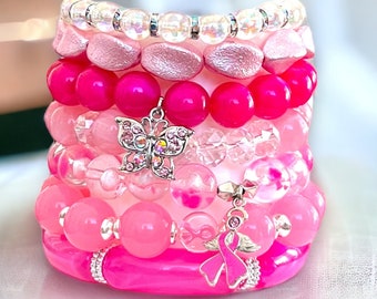Pink Thinking ~ Breast Cancer Awareness SINGLE Layered Bracelets made with mixed materials ~Handmade Boho Jewelry~