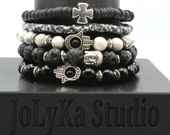 Black, White & Silver Layered Spiritual SINGLE Bracelets ~Handmade Boho Jewelry~ Father's Day Gift