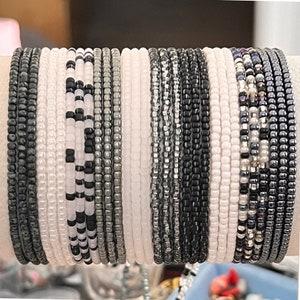 Versatile Black, White & Silver SINGLE or SET Stackable Stretch Dainty Seed Bead Bracelets ~ Handmade Boho Jewelry~