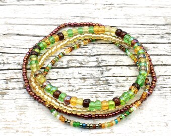 Vivid Rainforest Metallic Mix SET of Stackable Stretch Dainty Seed Bead Bracelets ~Handmade Boho Jewelry~