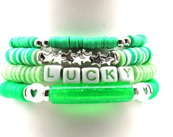 St. Patricks Green Lucky Heishi SINGLE Mixed Material Stretch Bracelet ~Handmade Boho Jewelry~