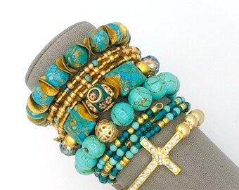 Turquoise & Gold Magnesite Chunky BoHo Bracelet Stack, bead stretch bracelet, beaded wire wrap bracelet, kashmiri bracelet, cross bracelet