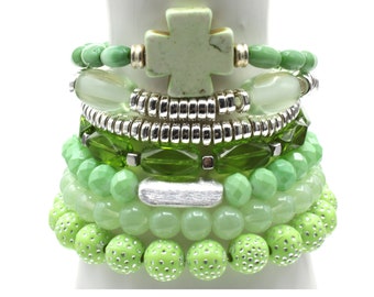 Green & Silver SINGLE Chunky BoHo Mixed Material Bracelet Stack ~Handmade Boho Jewelry~
