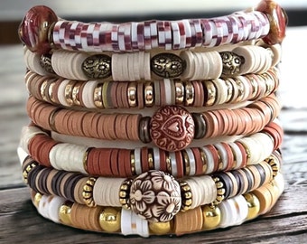 Warm Earth Tones Heishi SINGLE Mixed Material Stretch Bracelets ~Handmade Boho Jewelry~