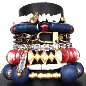 Vintage Style Red, White & Blue Stackable SINGLE Chunky Mixed Material Bracelets ~Handmade Boho Jewelry~