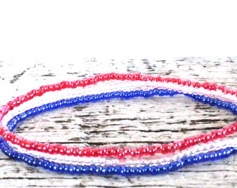 Red, White & Blue Crystal SET of Stackable Stretch Seed Bead Bracelets ~Handmade Boho Jewelry~