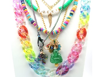 Rainbow Lucky Themed Layered Necklace Neck Mess, made with mixed materials ~Handmade Boho Jewelry~