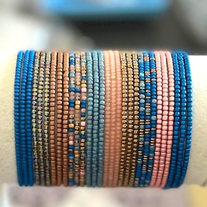 Elegant Blush & Blue Stackable SINGLE or SET Stretch Dainty Beaded Bracelets ~ Handmade Boho Jewelry~