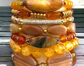 Rich Topaz Abundance ~ SINGLE Chunky Mixed Material Bracelet Stack ~Handmade Boho Jewelry~