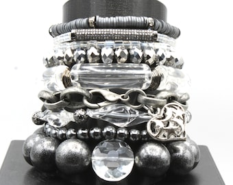 Gunmetal & Crystal SINGLE Chunky Mixed Material Bracelet Stack ~Handmade Boho Jewelry~