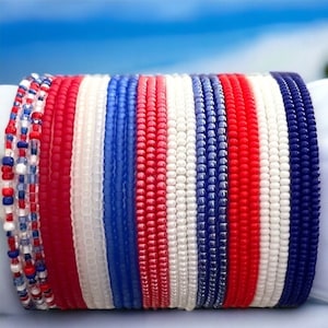 Patriotic Red, White & Blue Stackable SINGLE or SET Stretch Dainty Beaded Bracelets ~ Handmade Boho Jewelry~