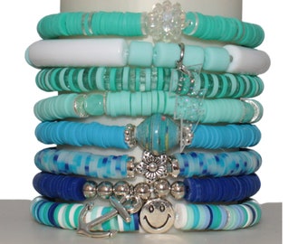 Beach Blue Heishi Bead SINGLE Stretch Bracelets ~Handmade Boho Jewelry~