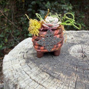 May include: A small, round, brown and orange striped planter with three short legs and a decorative metal cross emblem on the front. The planter is filled with a light green succulent, yellow reindeer moss, and thin, trailing green vines.