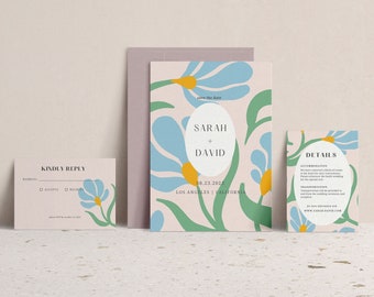 LUNA | Retro Floral Invitation Suite Template | DIY Customizable for Printing at Home or Online