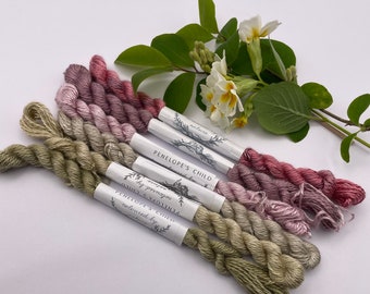 MULBERRY SILK set of 6 greens and pinks / embroidery thread collection / naturally dyed threads