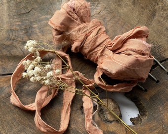 CORAL plant dyed recycled sari silk ribbon//silk string//hand dyed//styling ribbon//floral ribbon//gift ribbon//pink//blush//peach