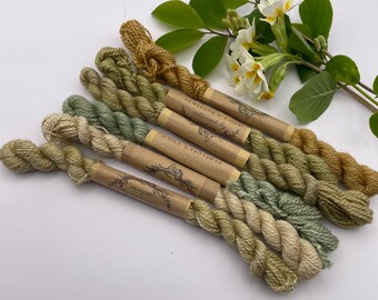 SILK/WOOL blend  embroidery thread set of 6 green and gold / naturally dyed threads