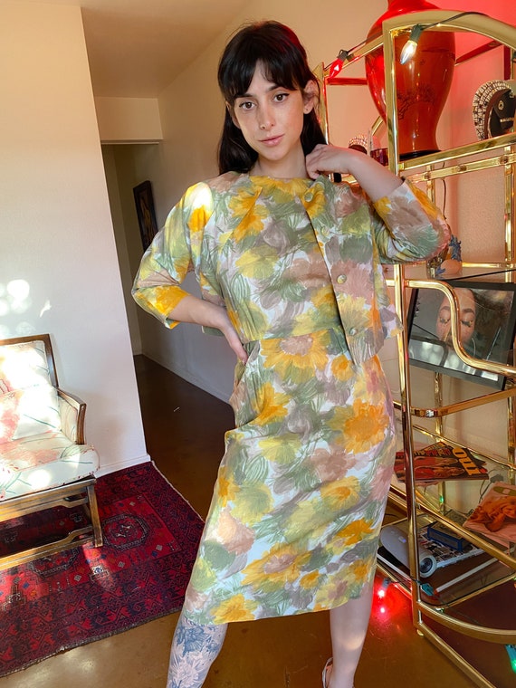 Vintage 1960's Spring Floral Mustard Yellow and Green Retro Dress W/ Matching Jacket