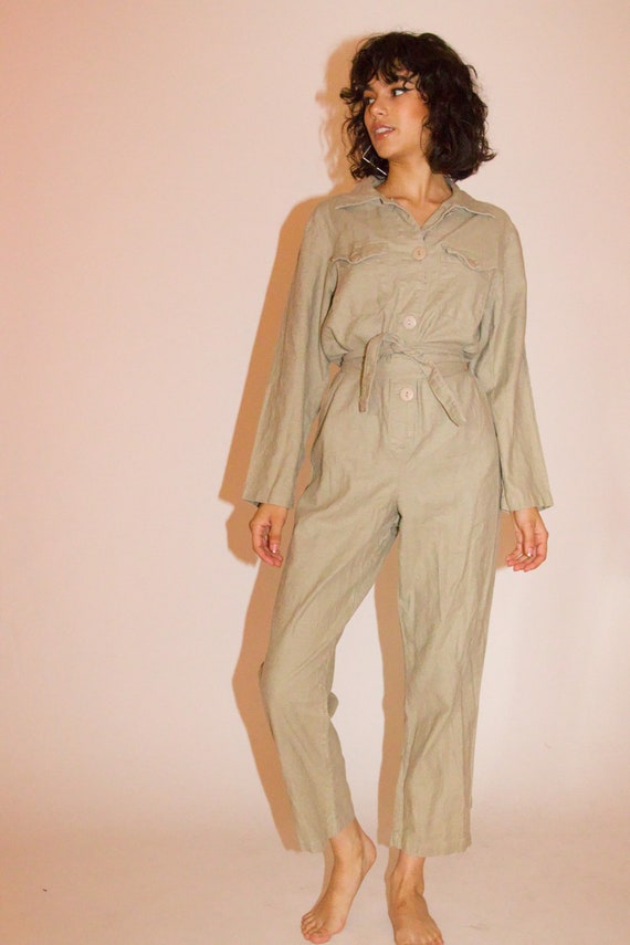 Vintage Tan Linen Button Up Summer Jumpsuit