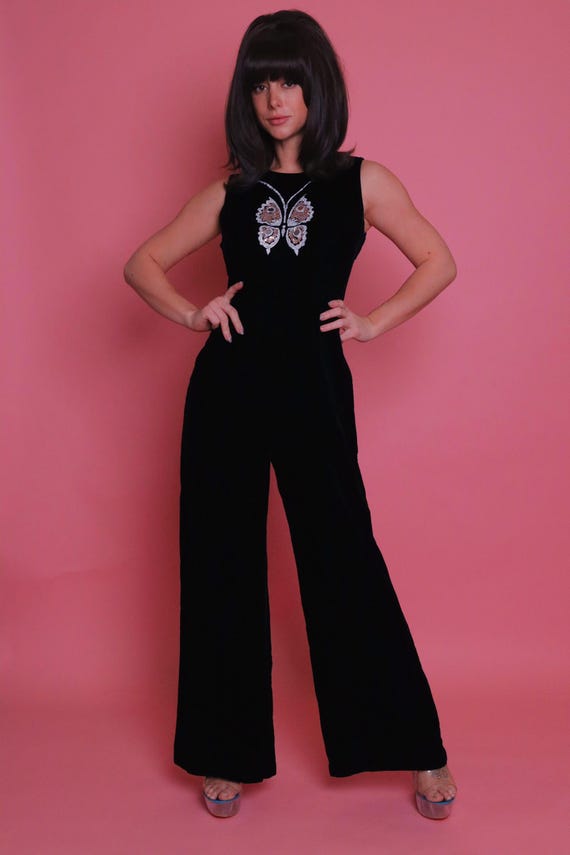 Vintage Rare 1960's Ultra Soft Black Velvet Jumpsuit W/ Pink Mirrored Glitter Butterfly